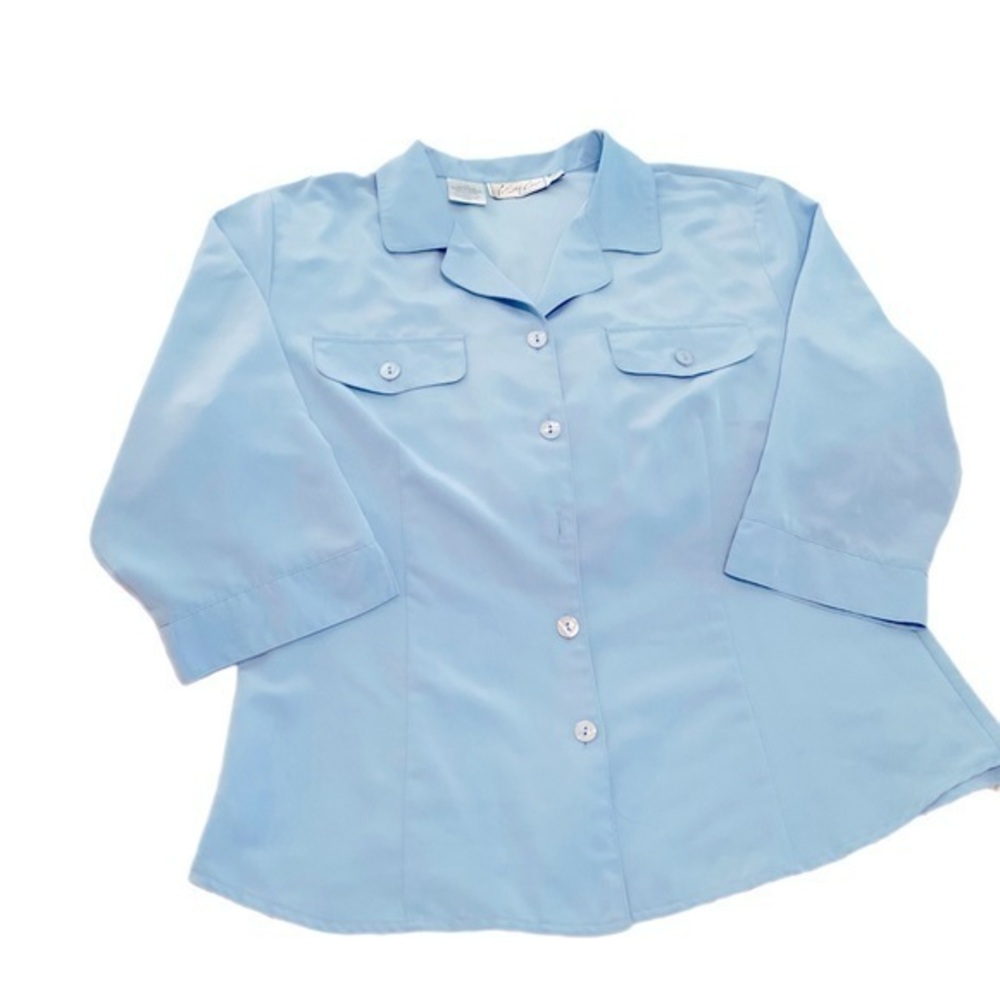 Women Button Front Blouse Yneck opening 3/4 sleeve blouse Sky Blue S12 Polyester